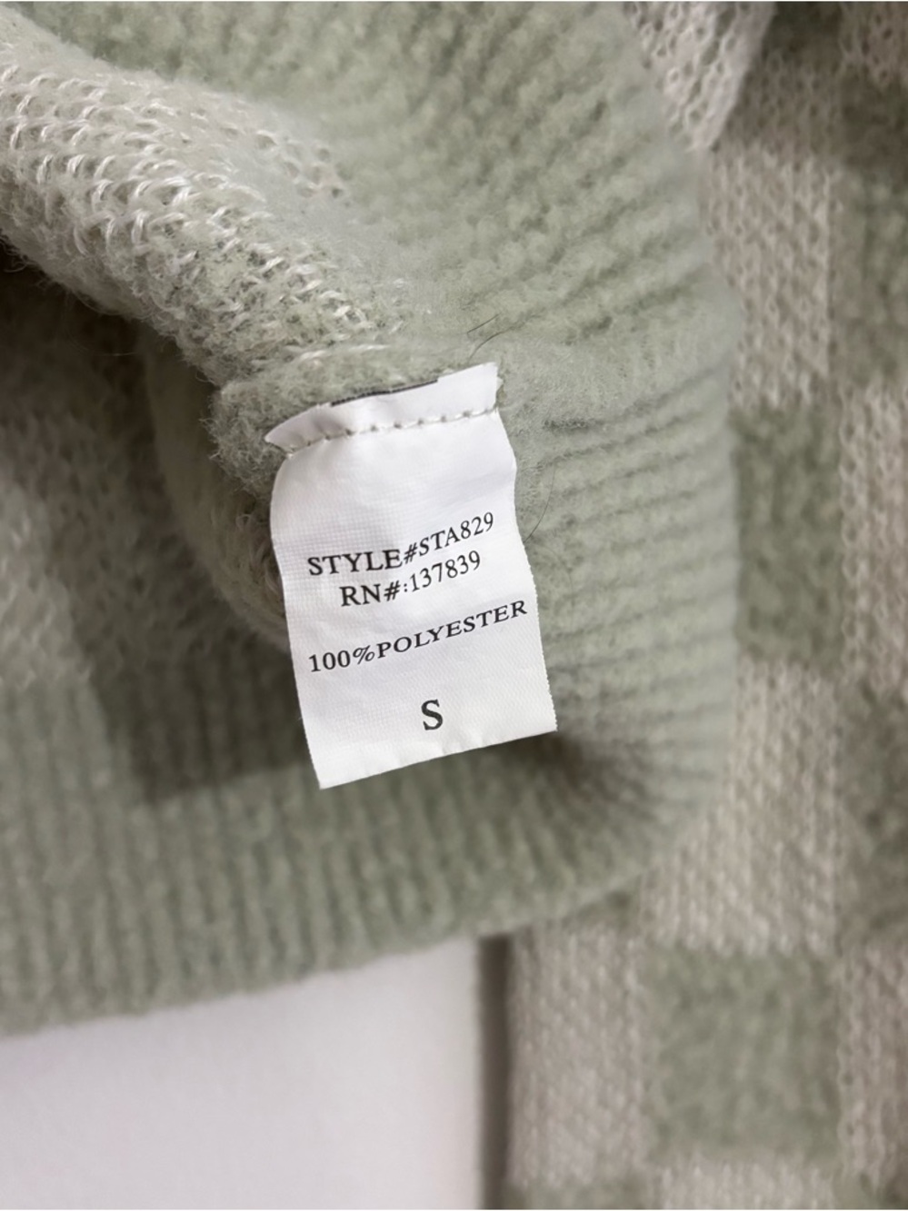 Cropped Checkerboard Knit Sweater - Sage/Cream | Size Small - Picture 6 of 6